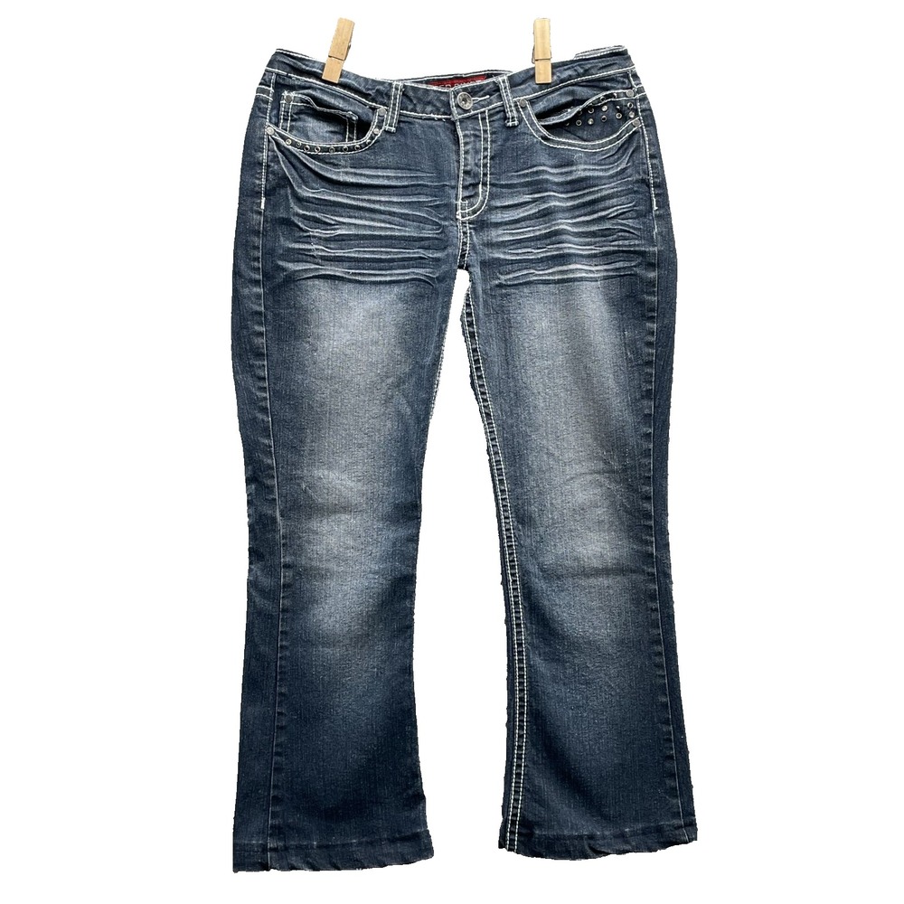 Red Rivet Jeans Women's 33x26* Whisker Flare Boho Y2K Rodeo Western Grunge Moto